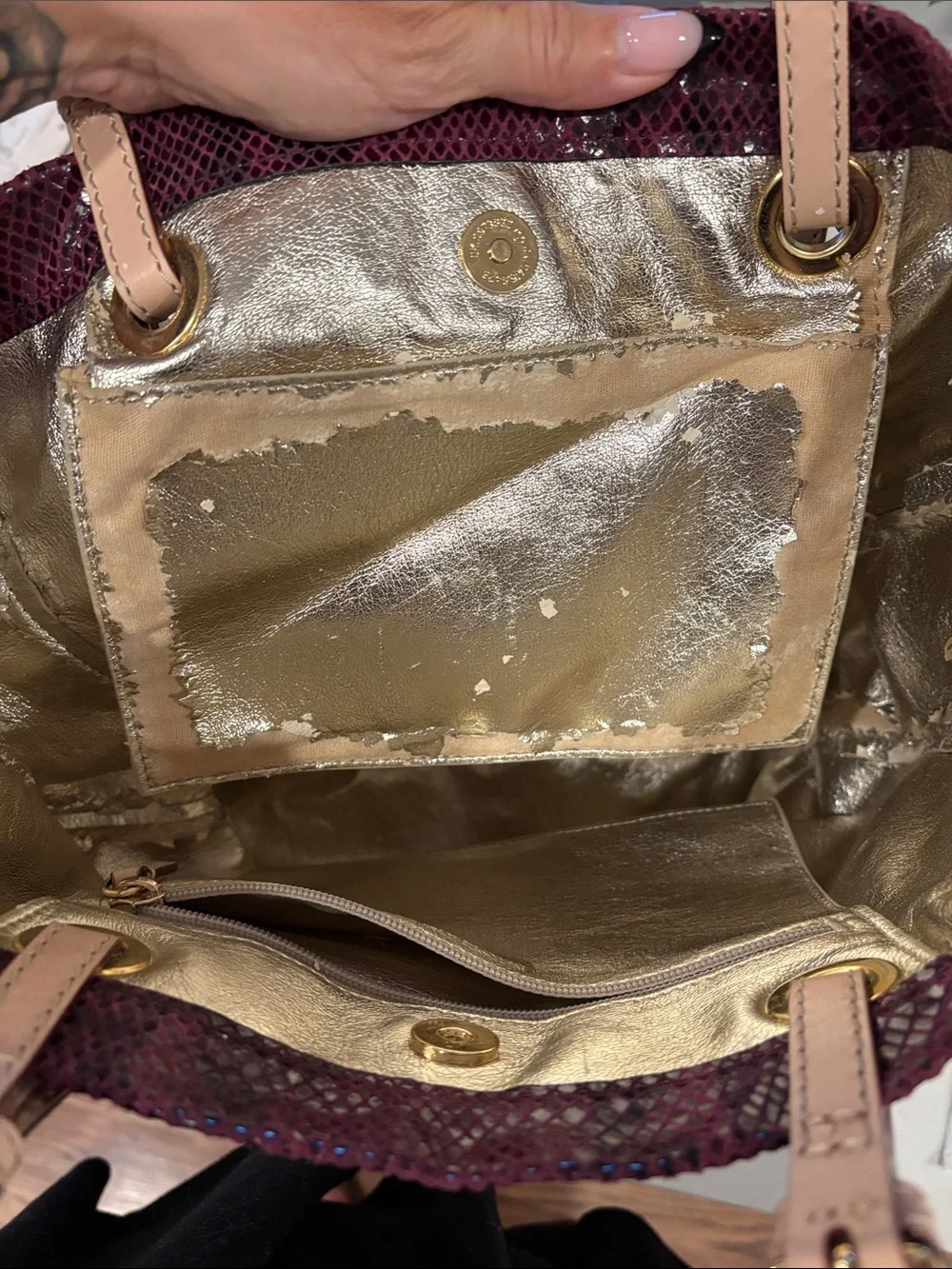Michael Kors Wine Snake-Print Tote with Tan Straps